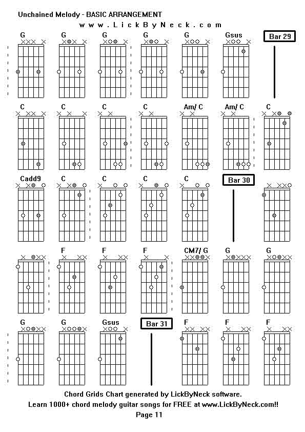 Chord Grids Chart of chord melody fingerstyle guitar song-Unchained Melody - BASIC ARRANGEMENT,generated by LickByNeck software.